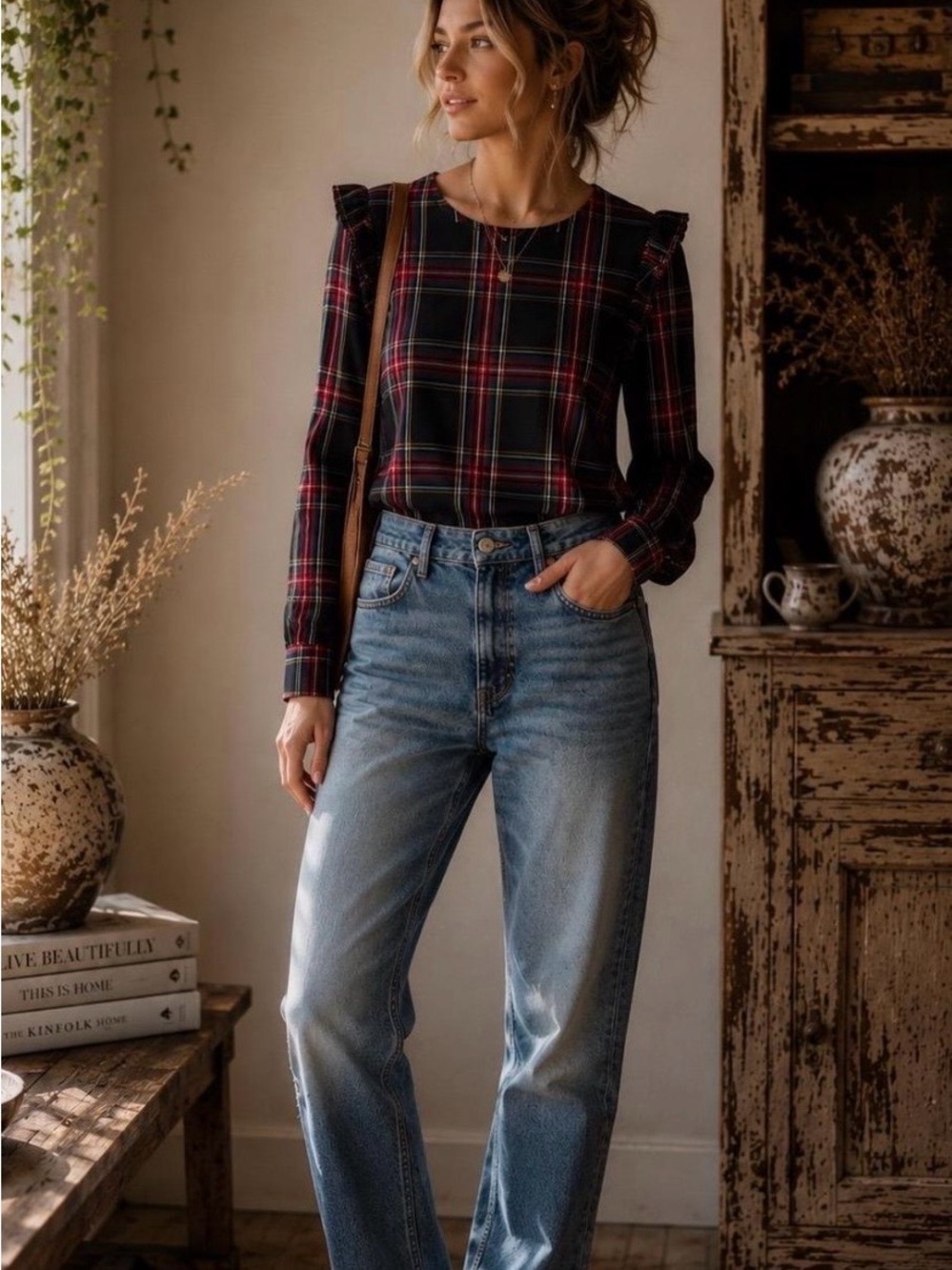 J Crew - NWOT - Plaid Ruffle Shoulder Blouse in Black & Red